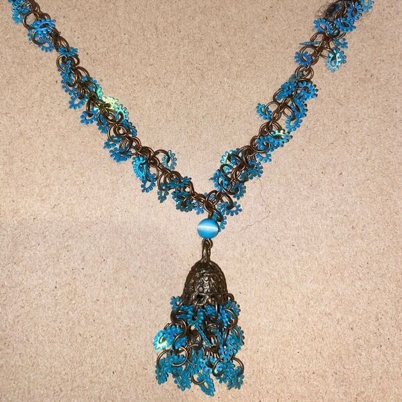 Blue / teal brass vintage looking necklace - Picture 5 of 5